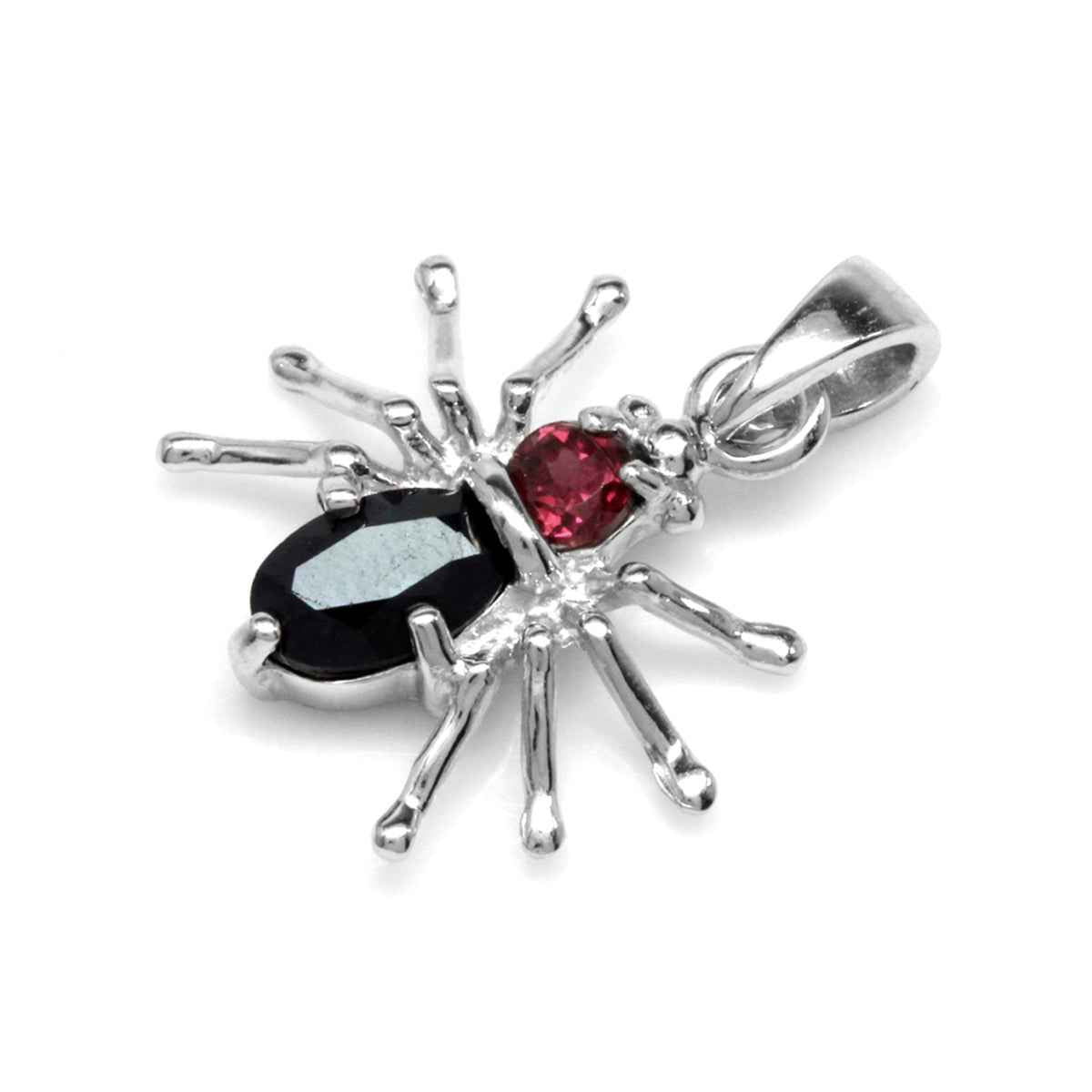 Petite Natural Black Sapphire and Rhodolite Garnet 925 Sterling Silver Spider Pendant with 18 Inch Necklace