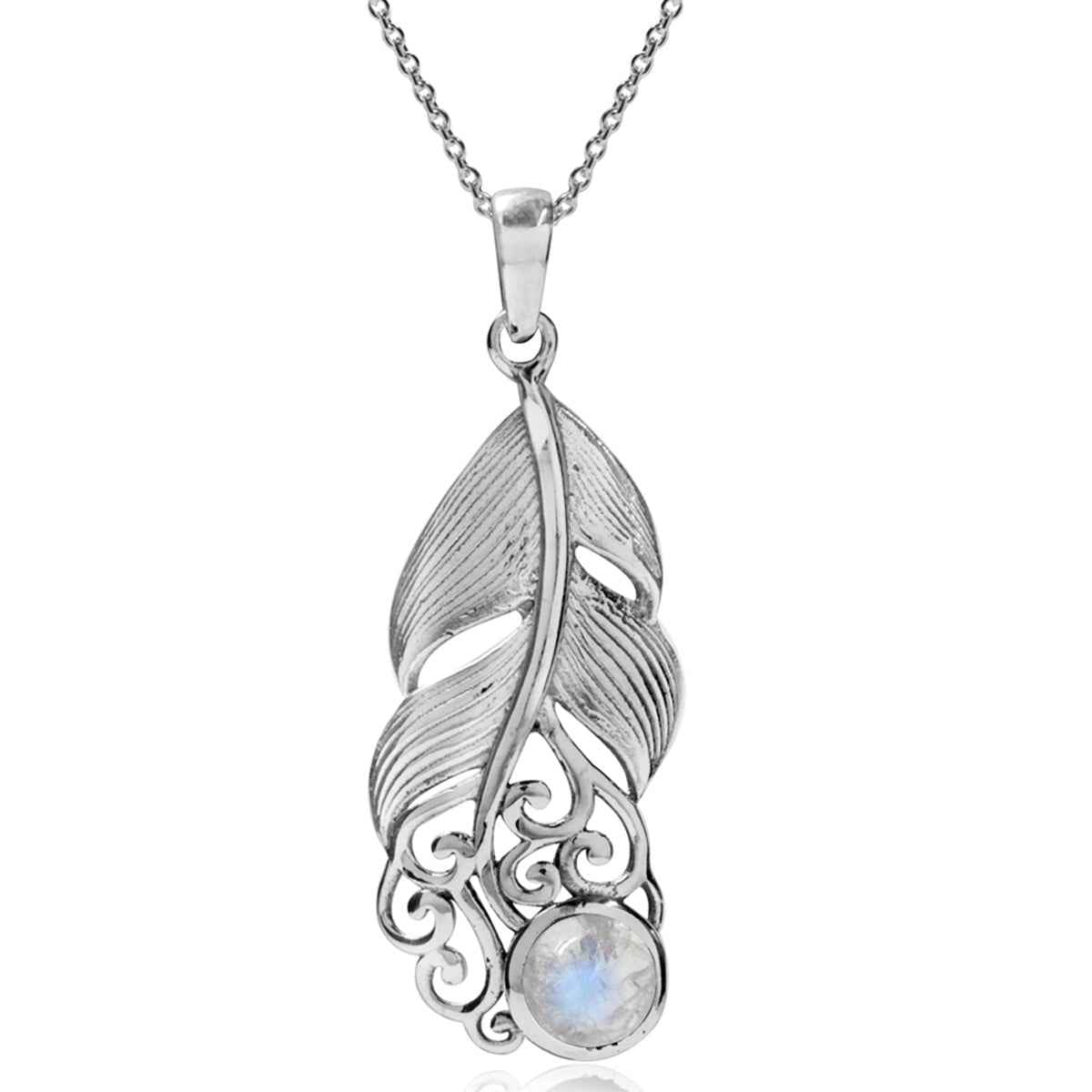 Natural Moonstone 925 Sterling Silver Feather Victorian Style Pendant with 18 Inch Chain Necklace