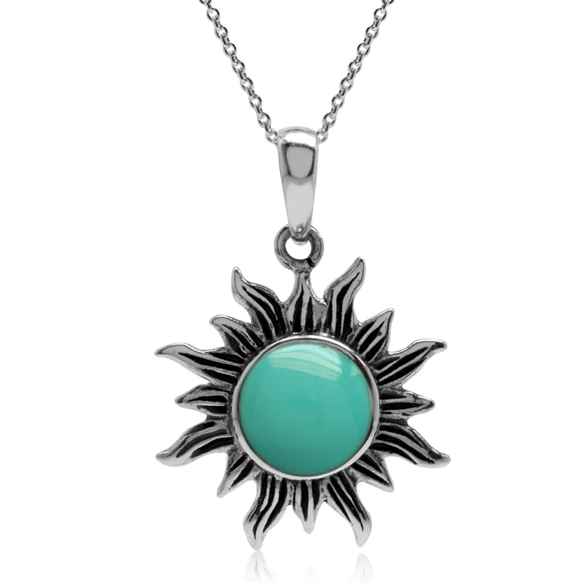 Created Green Turquoise 925 Sterling Silver Sun Ray Inspired Pendant w/ 18 Inch Chain Necklace silvershake