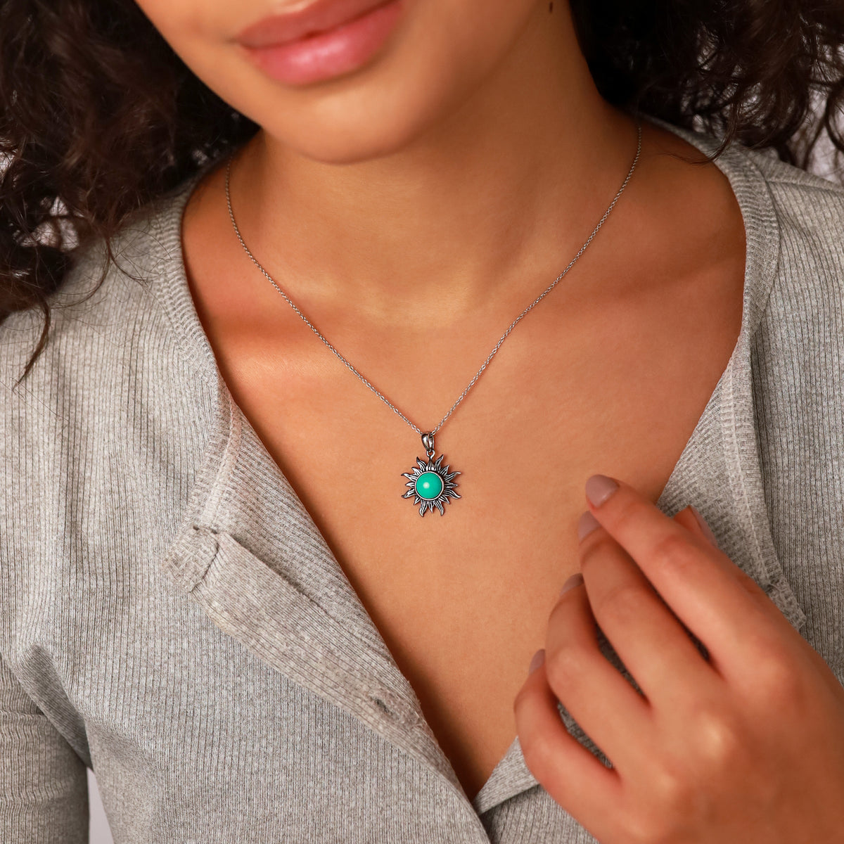 Created Green Turquoise 925 Sterling Silver Sun Ray Inspired Pendant w/ 18 Inch Chain Necklace silvershake