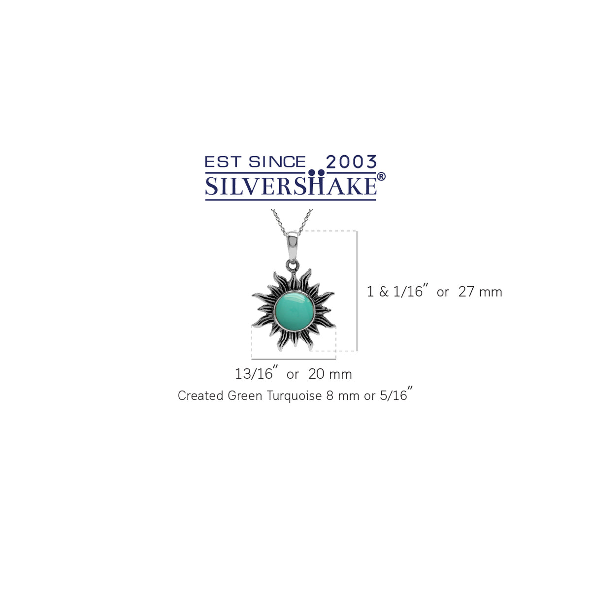 Created Green Turquoise 925 Sterling Silver Sun Ray Inspired Pendant w/ 18 Inch Chain Necklace silvershake