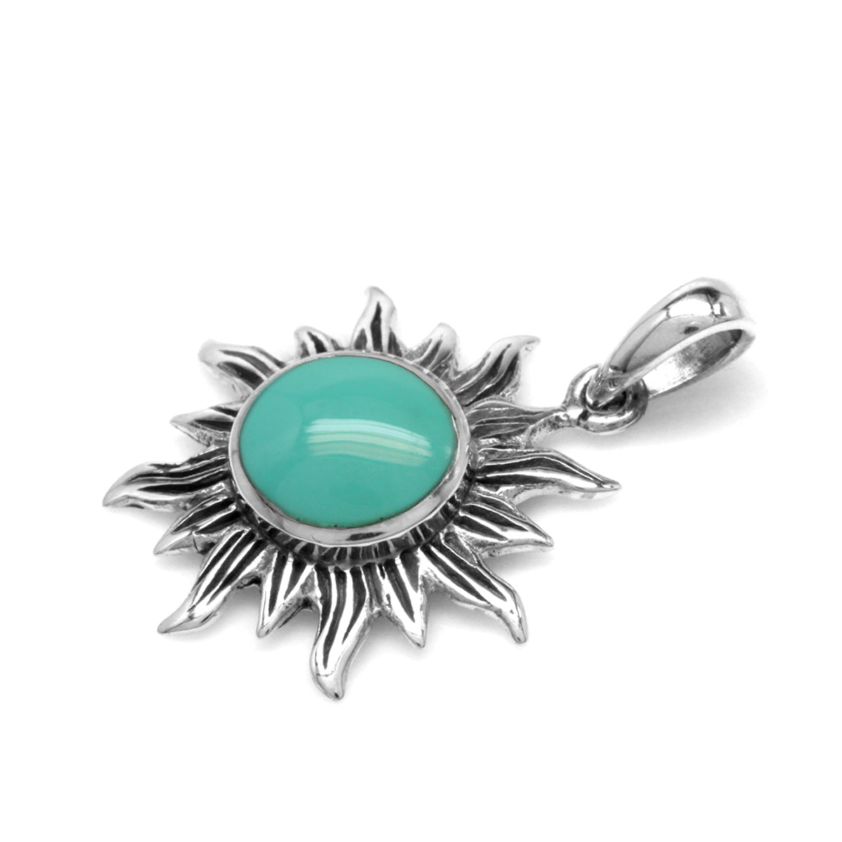 Created Green Turquoise 925 Sterling Silver Sun Ray Inspired Pendant w/ 18 Inch Chain Necklace silvershake