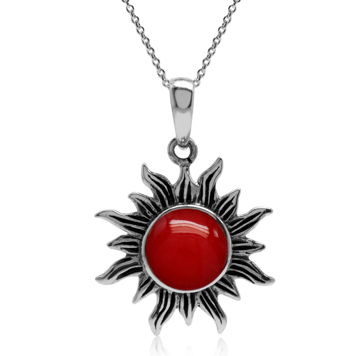 Created Red Coral 925 Sterling Silver Sun Ray Inspired Pendant w/ 18 Inch Chain Necklace silvershake