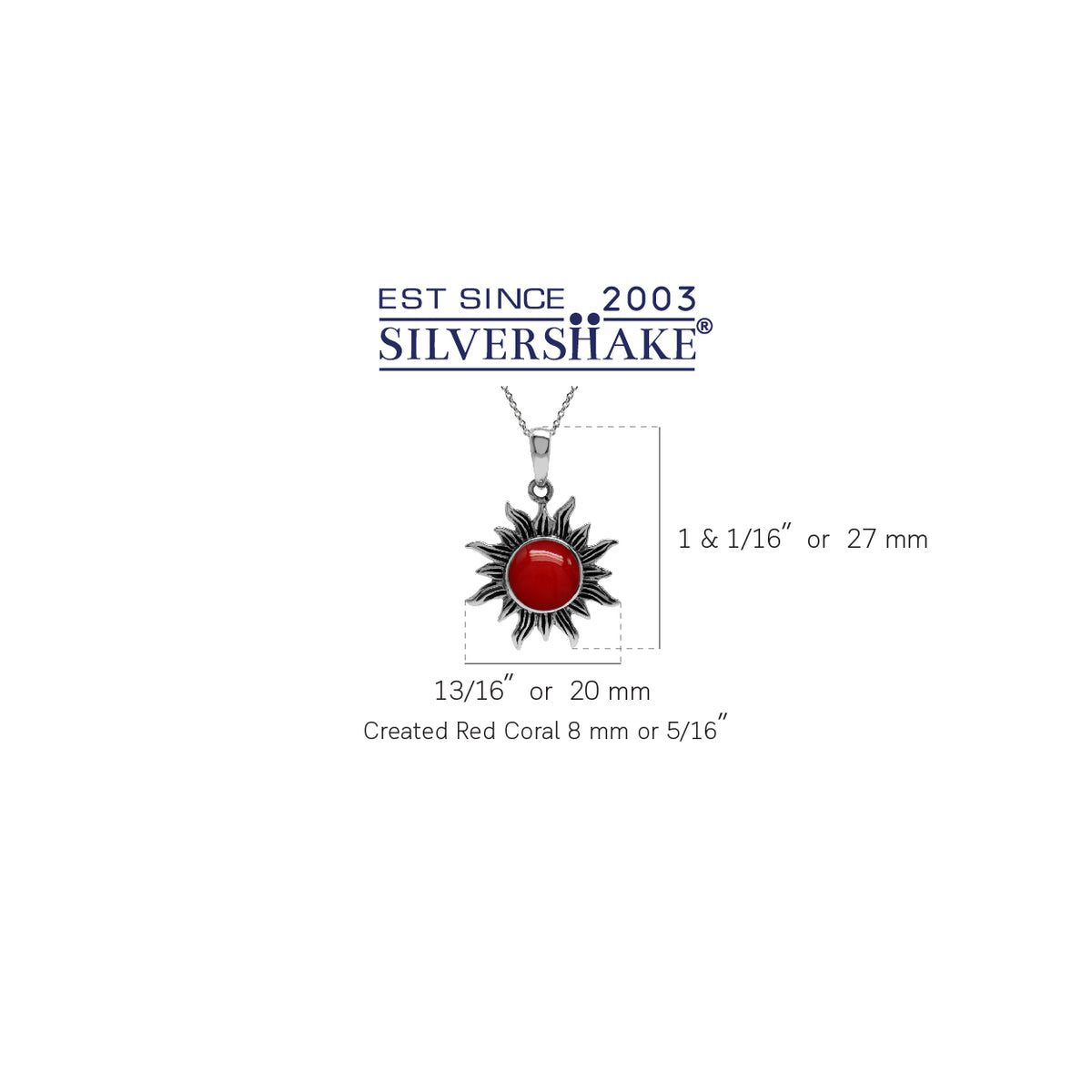 Created Red Coral 925 Sterling Silver Sun Ray Inspired Pendant w/ 18 Inch Chain Necklace silvershake