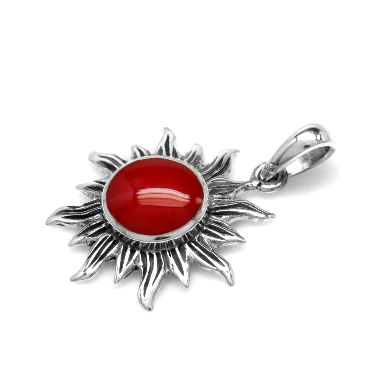 Created Red Coral 925 Sterling Silver Sun Ray Inspired Pendant w/ 18 Inch Chain Necklace silvershake