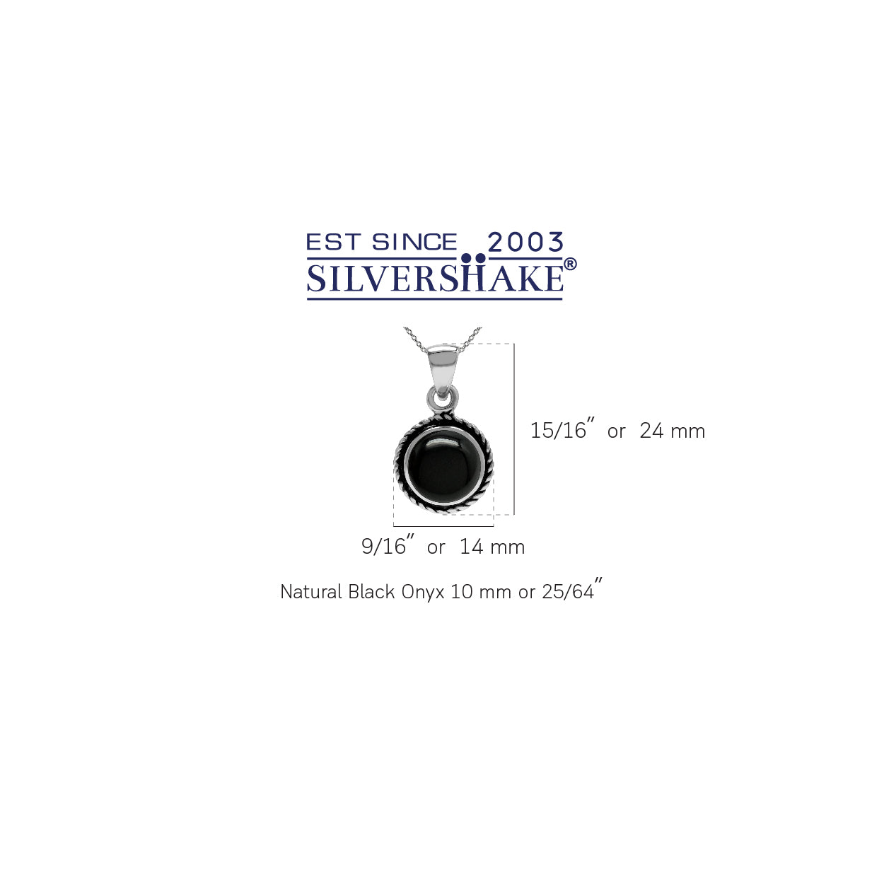 Created Black Onyx 925 Sterling Silver Rope Solitaire Pendant with 18 Inch Chain Necklace - Silvershake-store