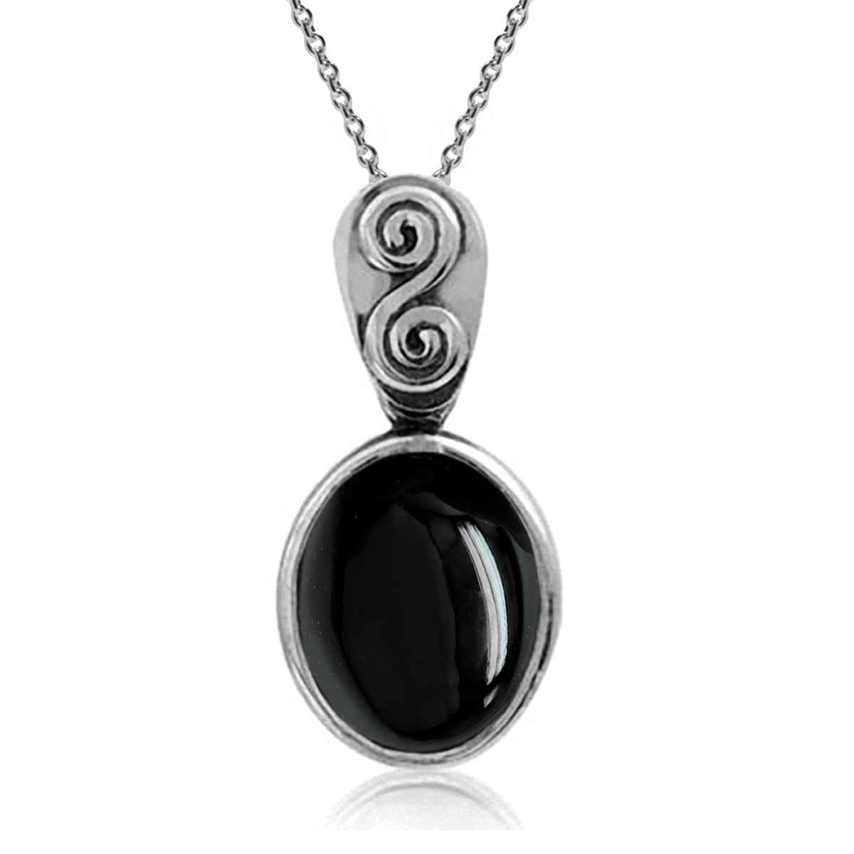 Created Black Onyx 925 Sterling Silver Swirl and Spiral Solitaire Pendant with 18 Inch Chain Necklace
