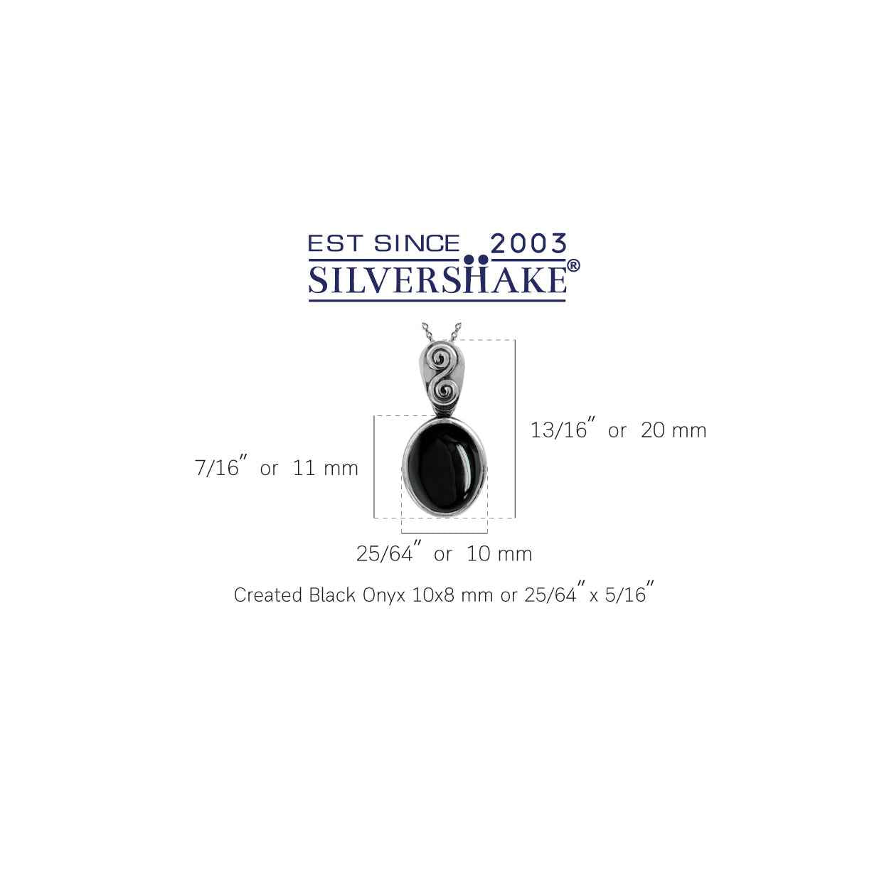 Created Black Onyx 925 Sterling Silver Swirl and Spiral Solitaire Pendant with 18 Inch Chain Necklace