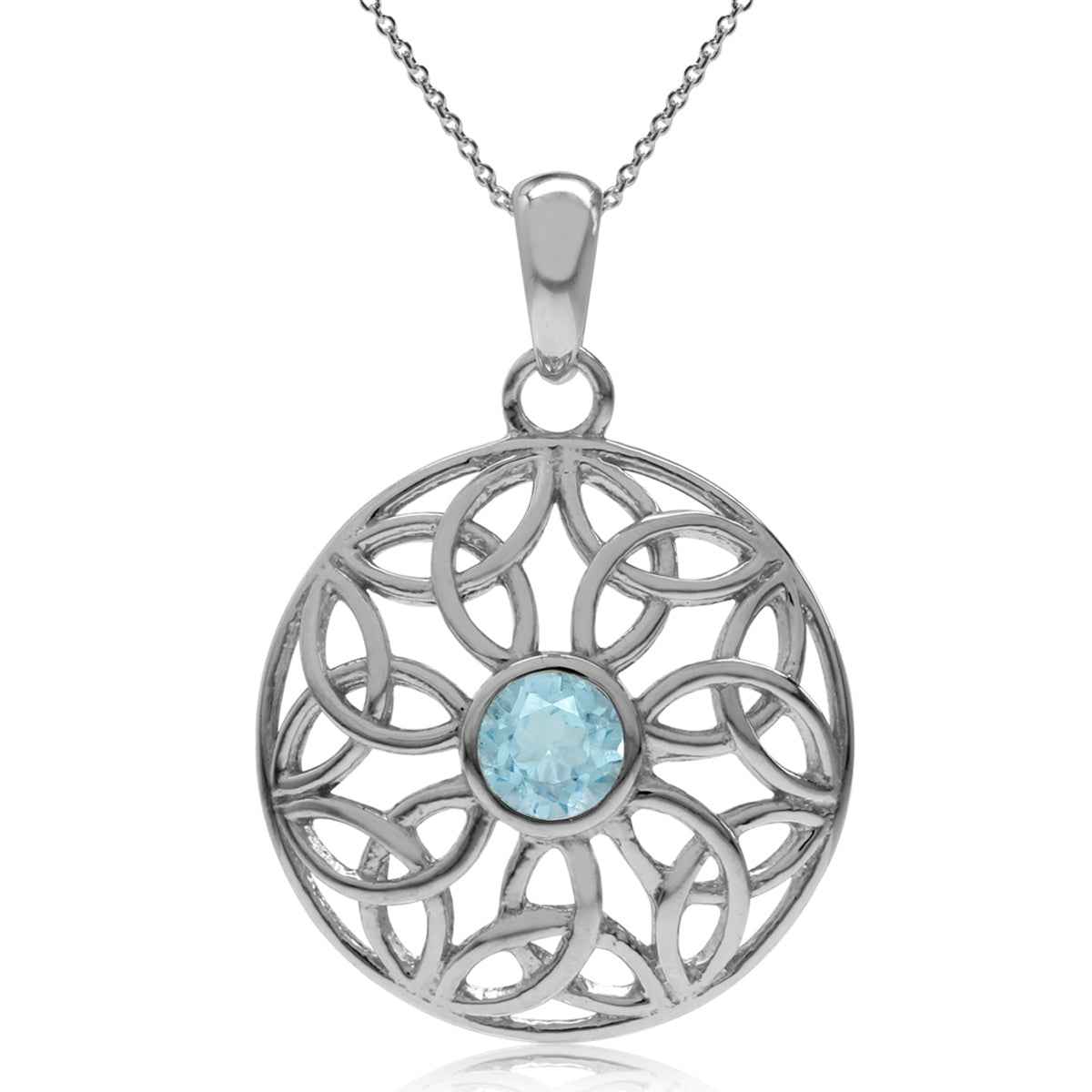 Genuine Blue Topaz 925 Sterling Silver Triquetra Celtic Knot Circle Pendant with 18 Inch Chain Necklace