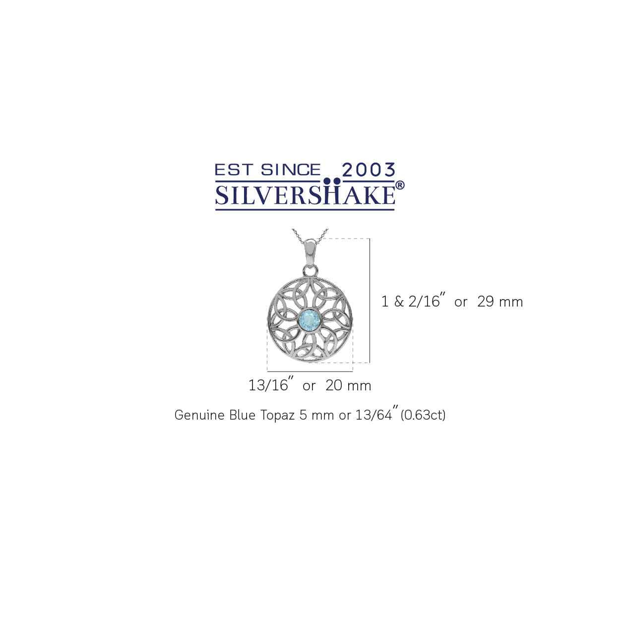 Genuine Blue Topaz 925 Sterling Silver Triquetra Celtic Knot Circle Pendant with 18 Inch Chain Necklace