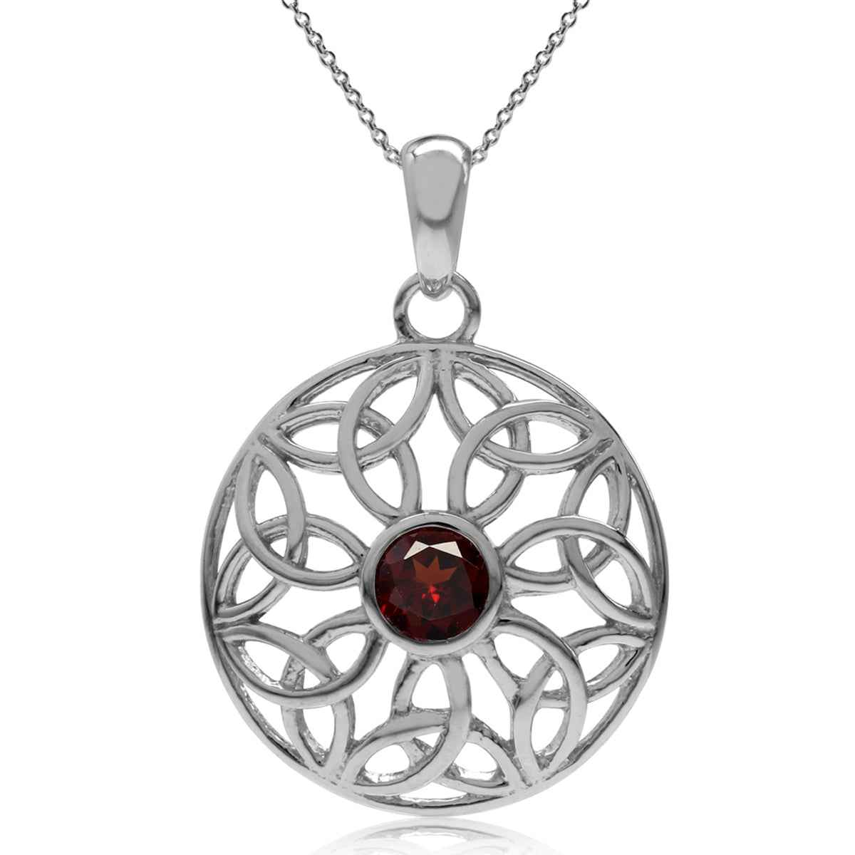 Natural Garnet 925 Sterling Silver Triquetra Celtic Knot Circle Pendant with 18 Inch Chain Necklace