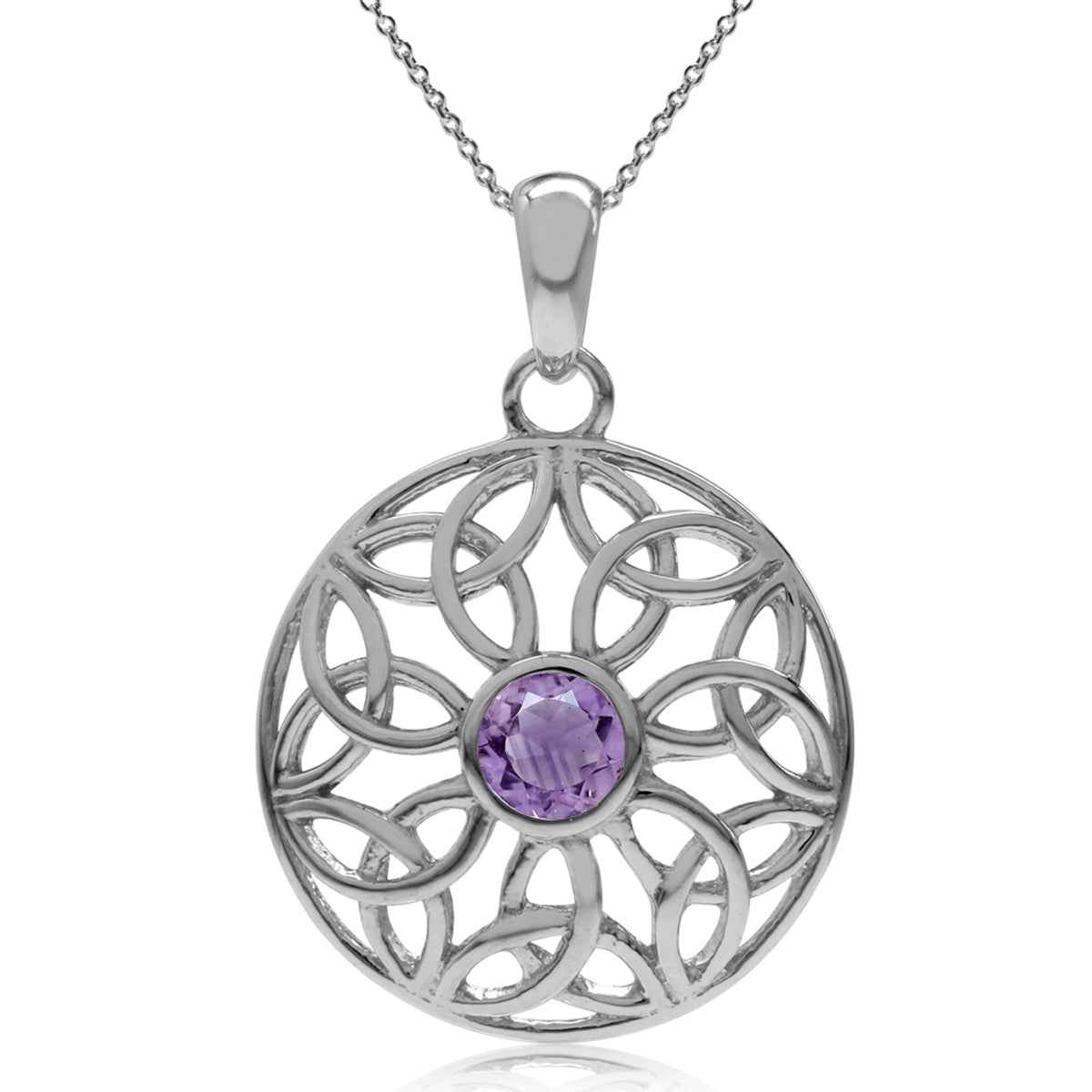 Natural Amethyst 925 Sterling Silver Triquetra Celtic Knot Circle Pendant with 18 Inch Chain Necklace