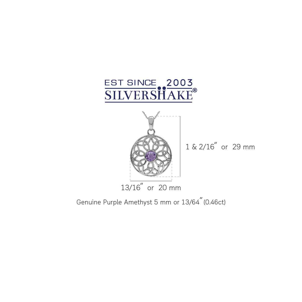 Natural Amethyst 925 Sterling Silver Triquetra Celtic Knot Circle Pendant with 18 Inch Chain Necklace