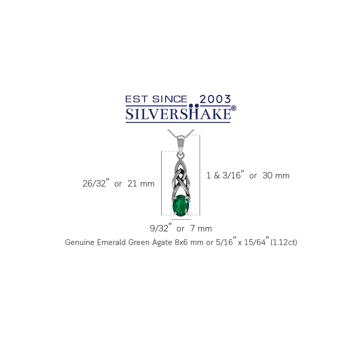 1.12ct Natural Emerald Green Agate 925 Sterling Silver Celtic Knot Pendant w/ 18 Inch Chain Necklace silvershake