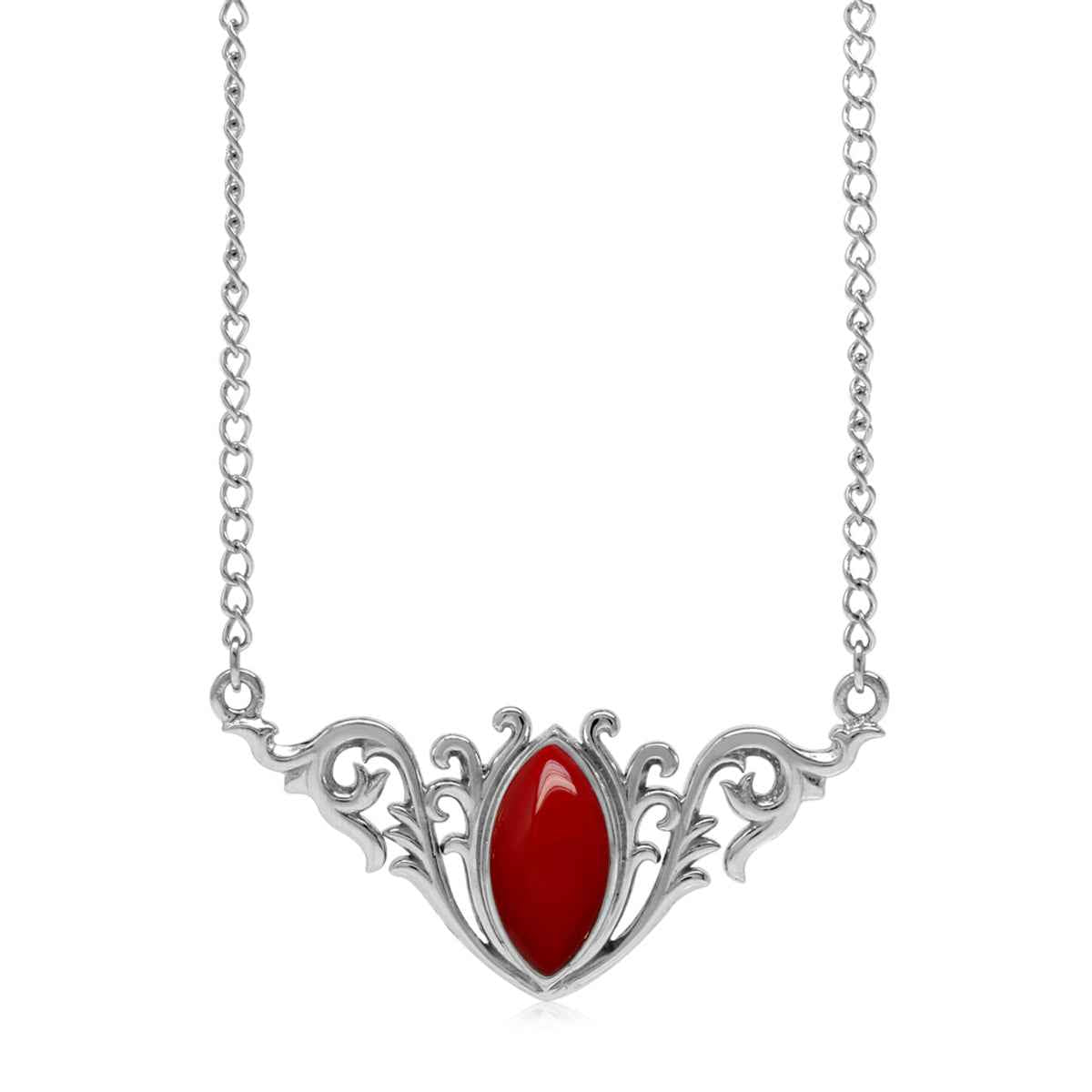 Created Red Coral 925 Sterling Silver Baroque Inspired Pendant with 16 to 18 Inch Adjustable Chain Necklace