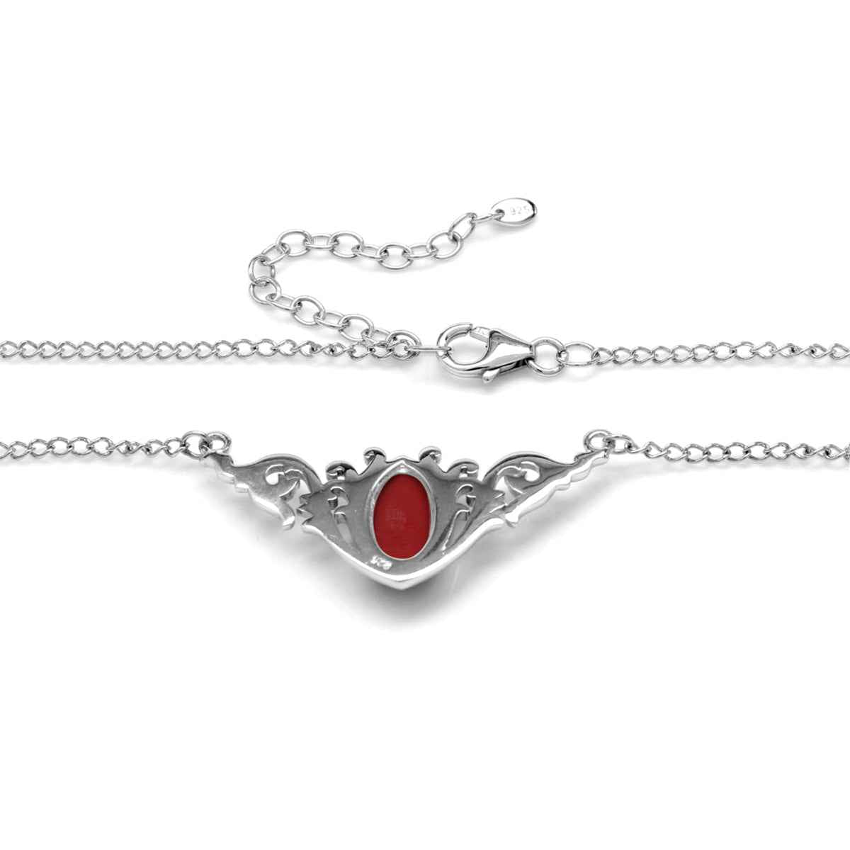 Created Red Coral 925 Sterling Silver Baroque Inspired Pendant with 16 to 18 Inch Adjustable Chain Necklace