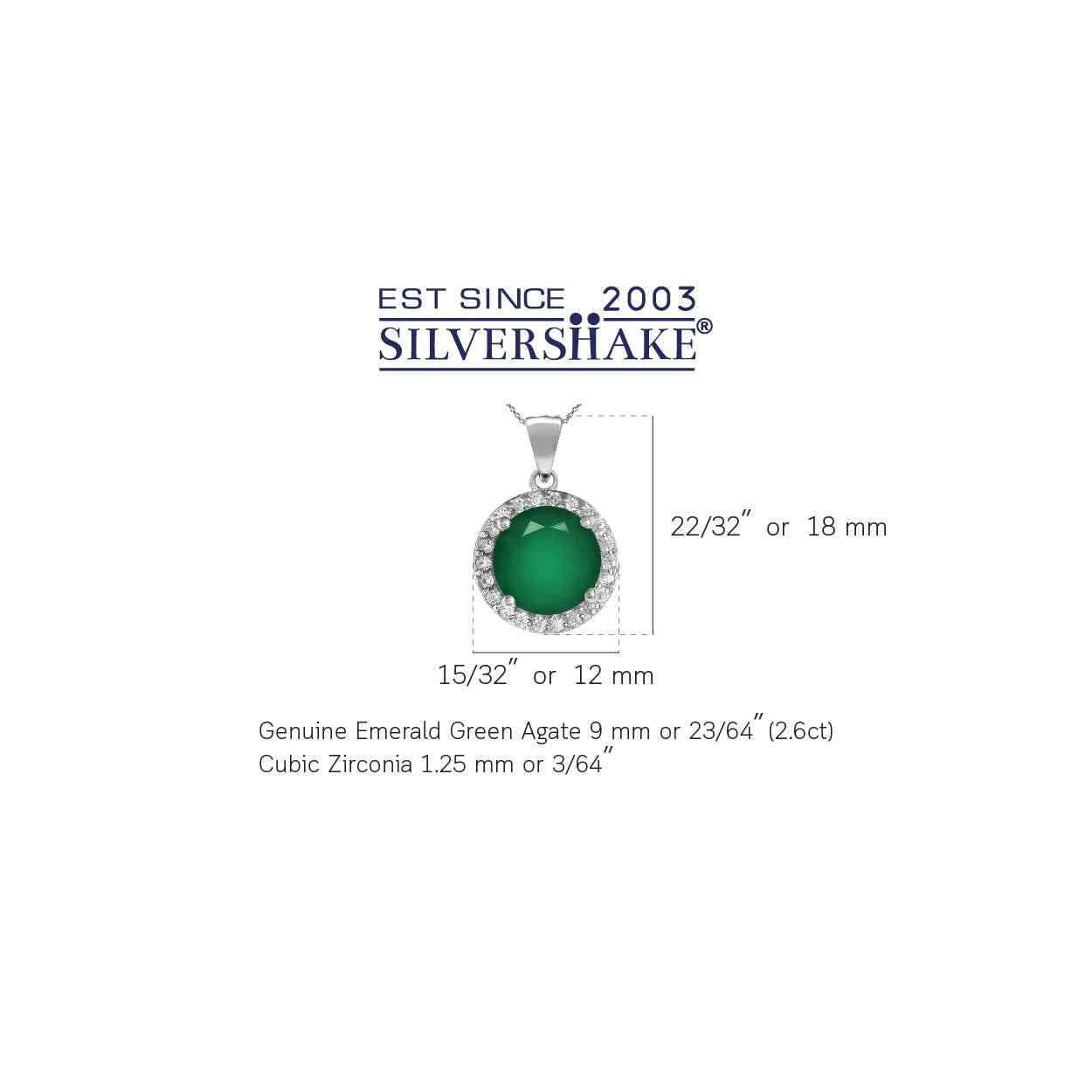 Genuine 2.6 CTW 9mm Round Shape Emerald Green Agate 925 Sterling Silver Halo Pendant with 18 Inch Chain Necklace