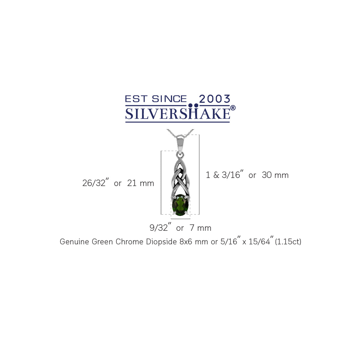 1.15ct. Green Chrome Diopside 925 Sterling Silver Celtic Knot Pendant w/ 18 Inch Chain Necklace silvershake
