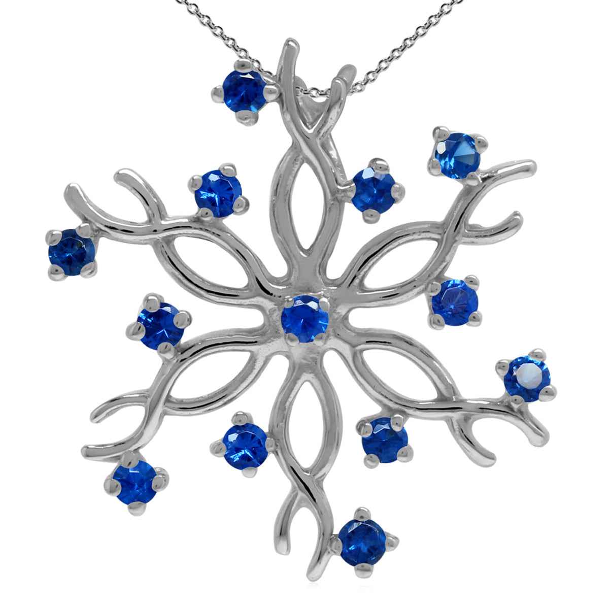 Synthetic Sapphire Blue 925 Sterling Silver Snowflake Pendant with 18 Inch Chain Necklace