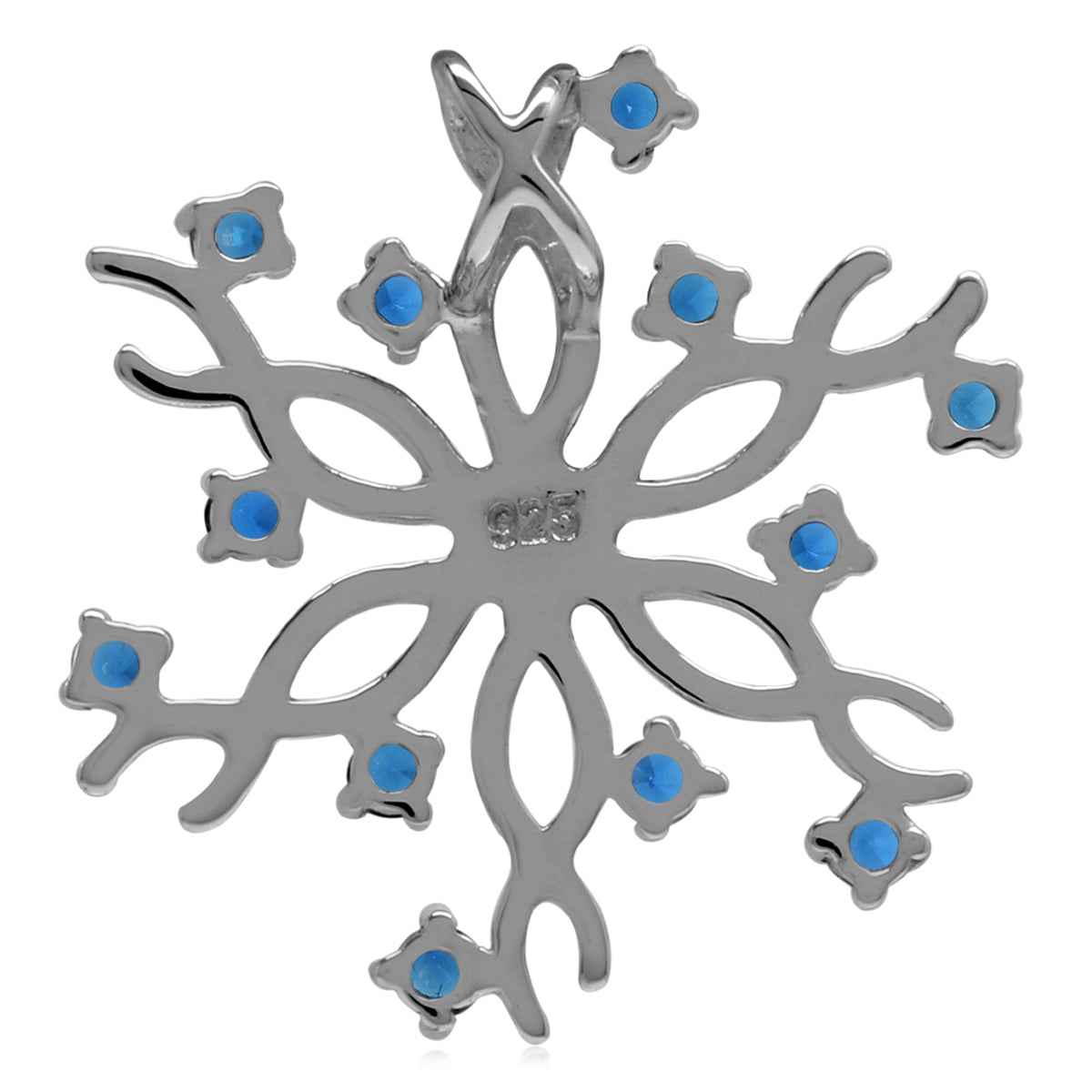 Synthetic Sapphire Blue 925 Sterling Silver Snowflake Pendant with 18 Inch Chain Necklace