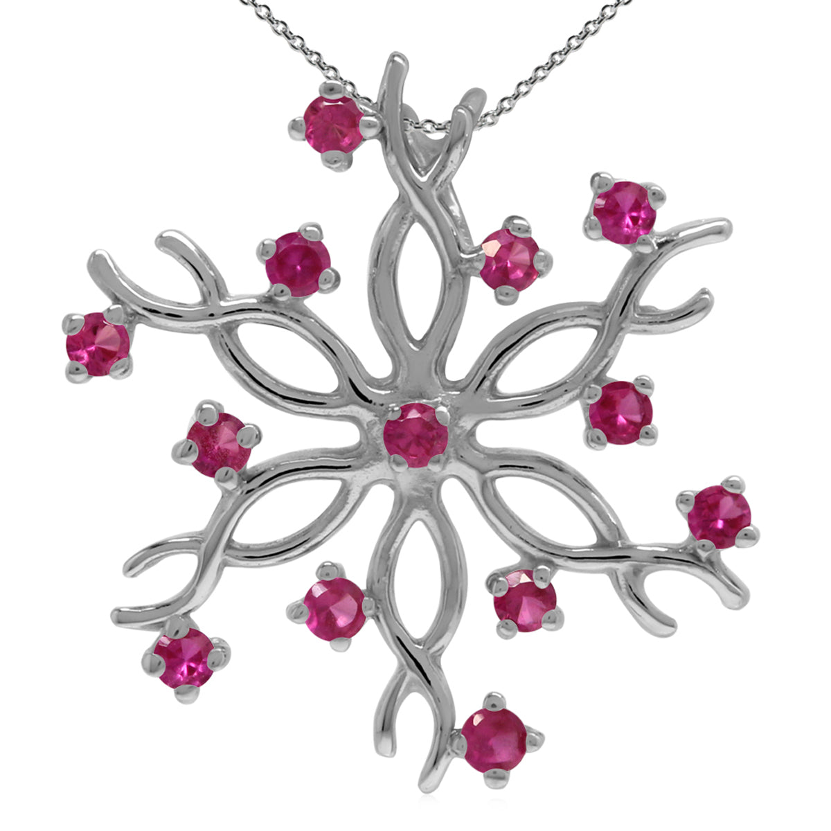 Synthetic Red Ruby 925 Sterling Silver Snowflake Pendant with 18 Inch Chain Necklace