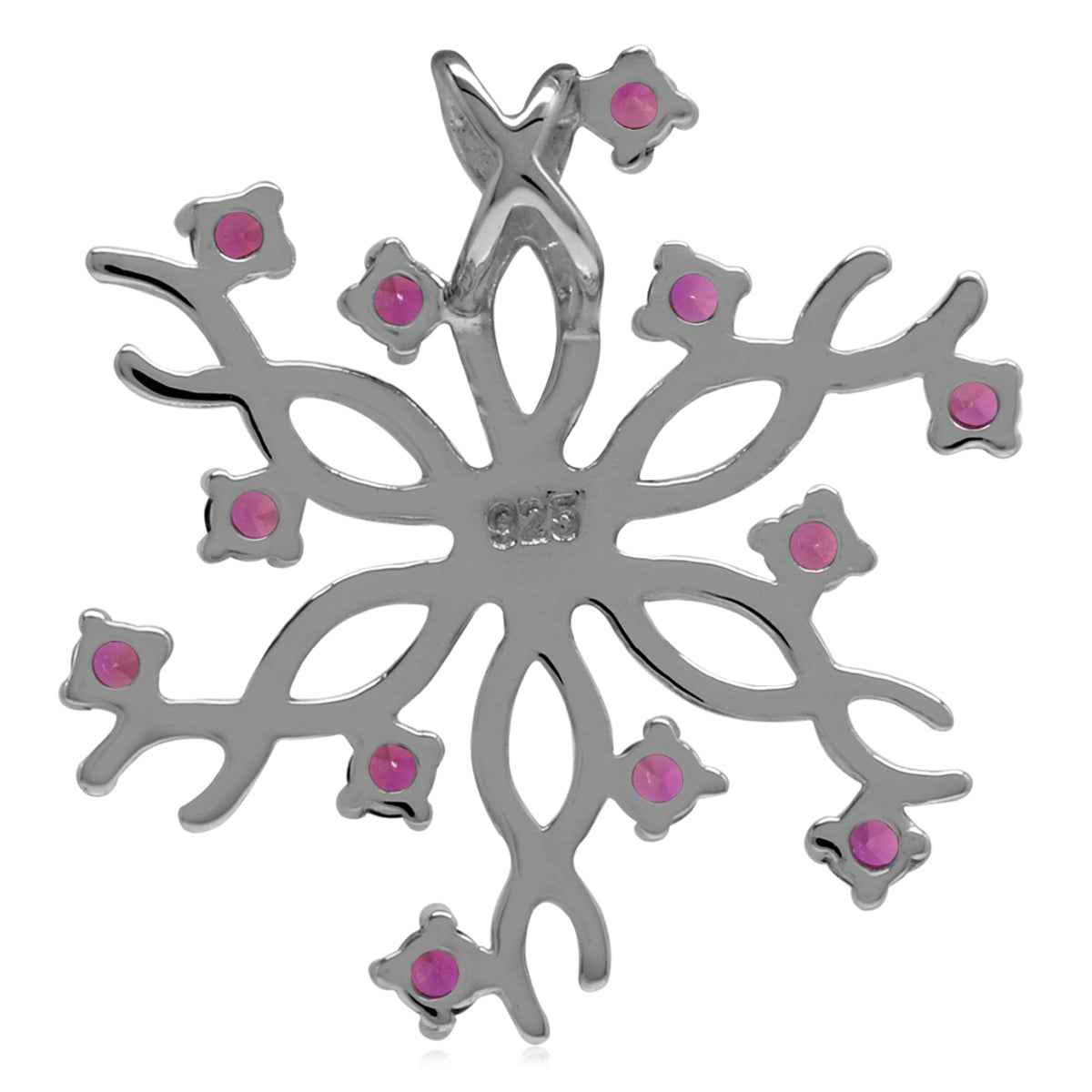 Synthetic Red Ruby 925 Sterling Silver Snowflake Pendant with 18 Inch Chain Necklace