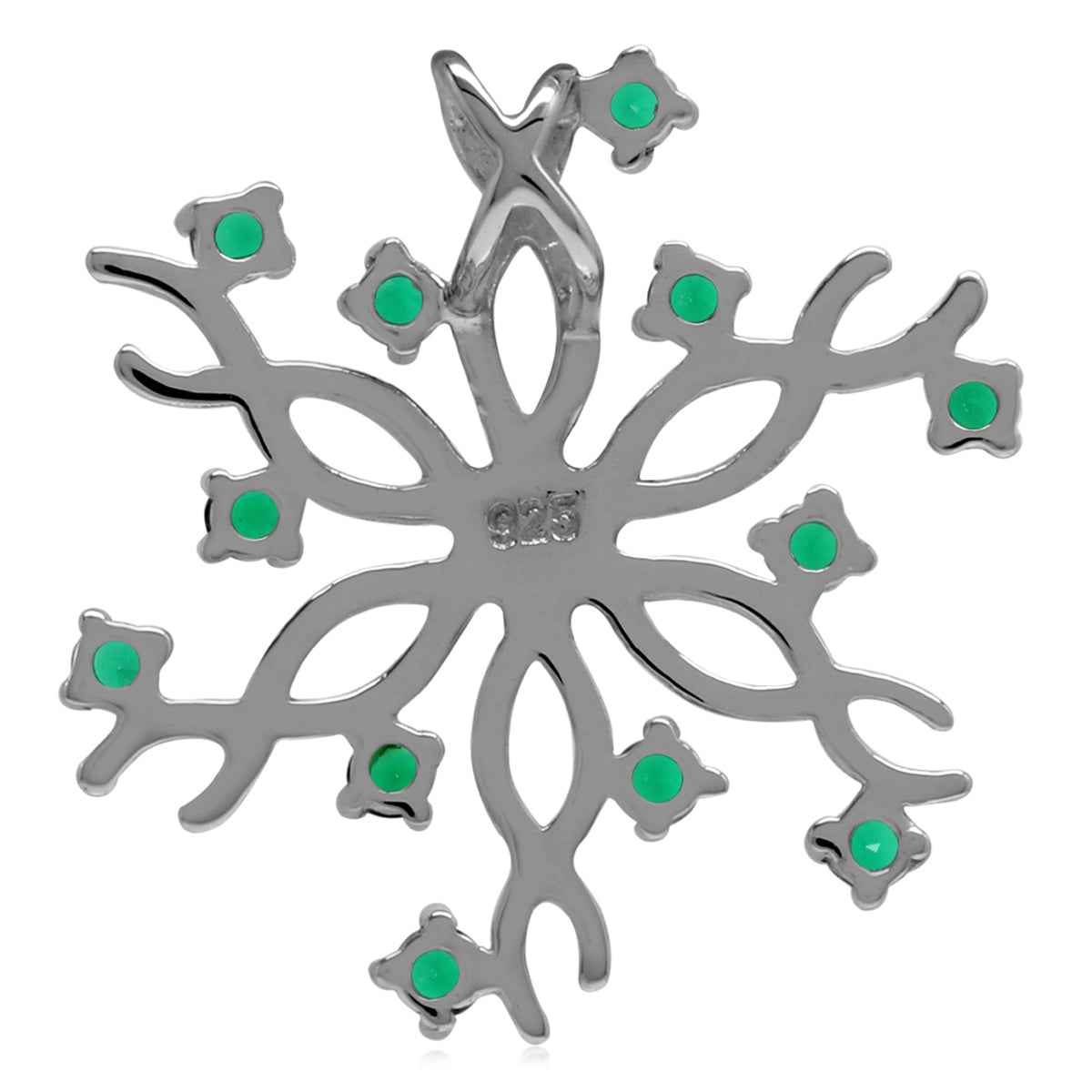 Natural Emerald Green Agate 925 Sterling Silver Snowflake Pendant with 18 Inch Chain Necklace