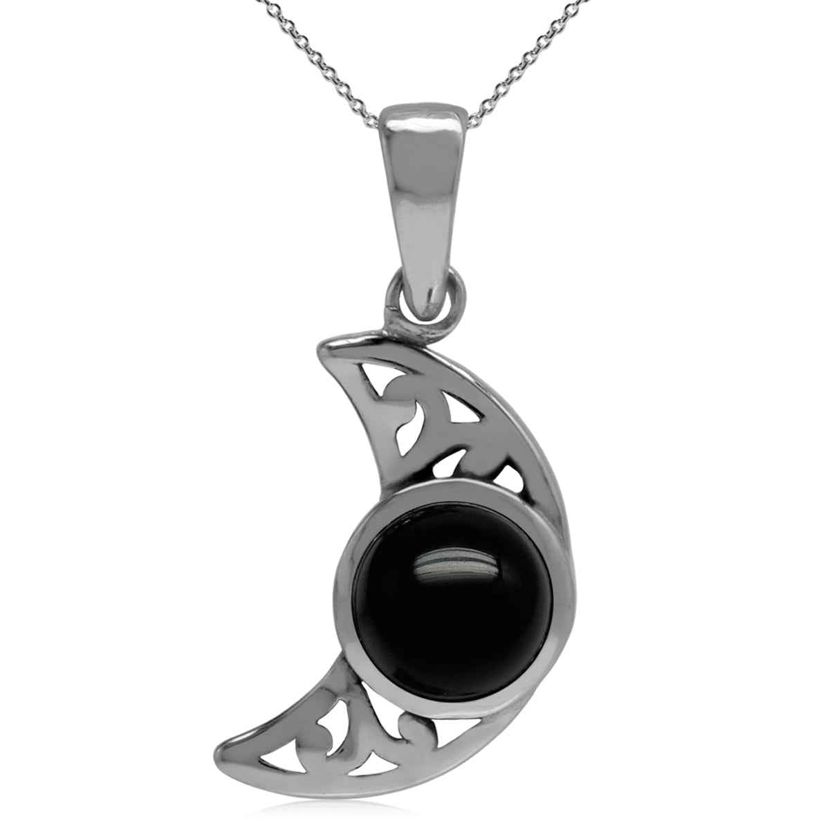 Natural Black Onyx 925 Sterling Silver Filigree Crescent Moon Pendant with 18 Inch Chain Necklace