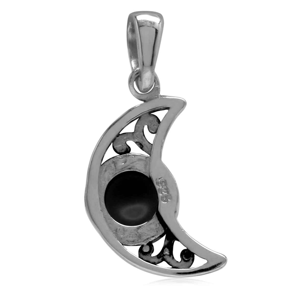 Natural Black Onyx 925 Sterling Silver Filigree Crescent Moon Pendant with 18 Inch Chain Necklace