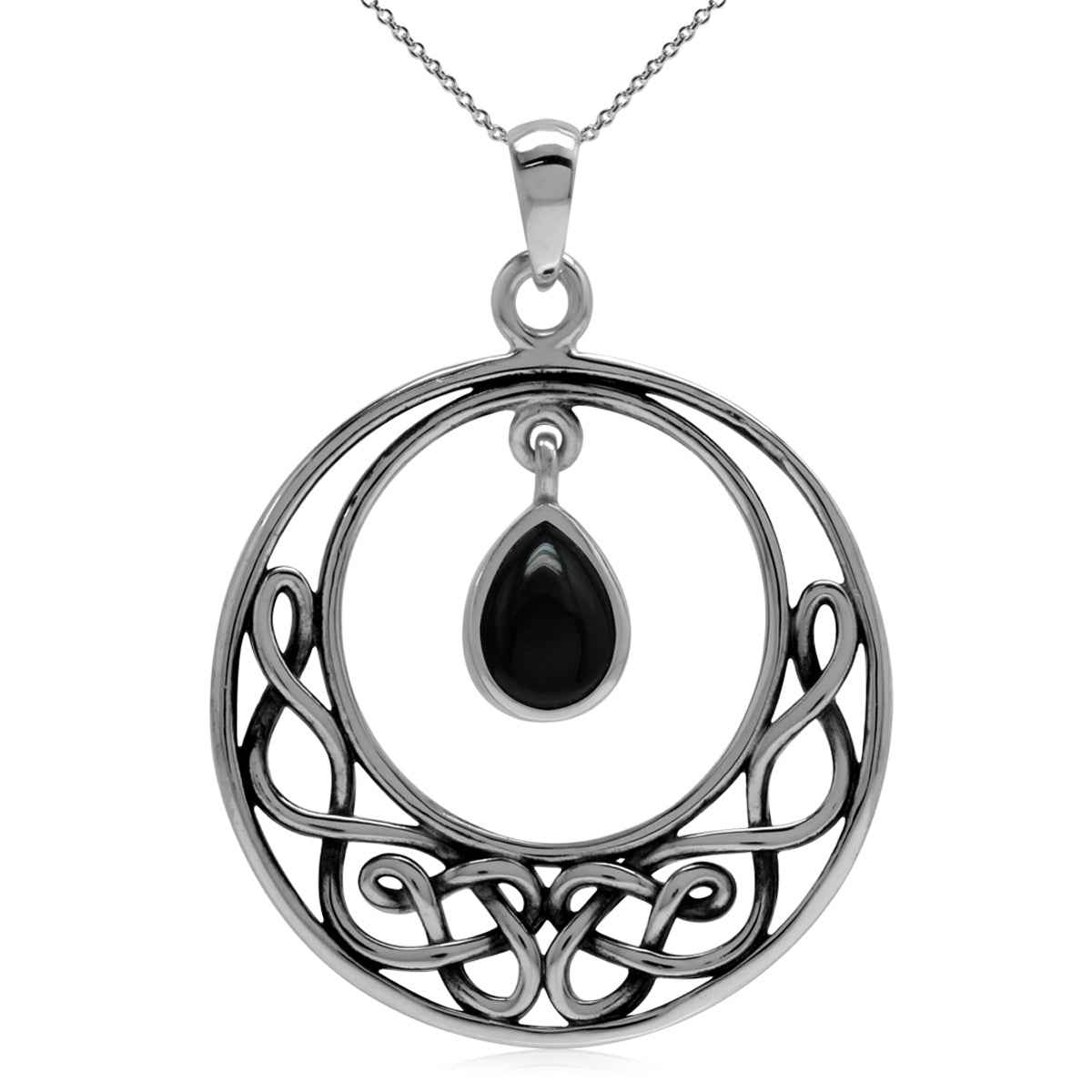 Natural Black Onyx 925 Sterling Silver Celtic Knot Drop Dangle Pendant with 18 Inch Chain Necklace