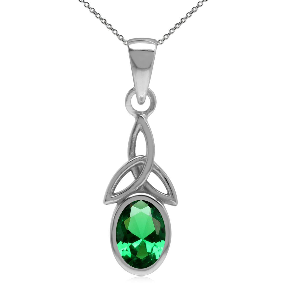 Created Nano Green Emerald 925 Sterling Silver Triquetra Celtic Knot Pendant with 18 Inch Chain silvershake