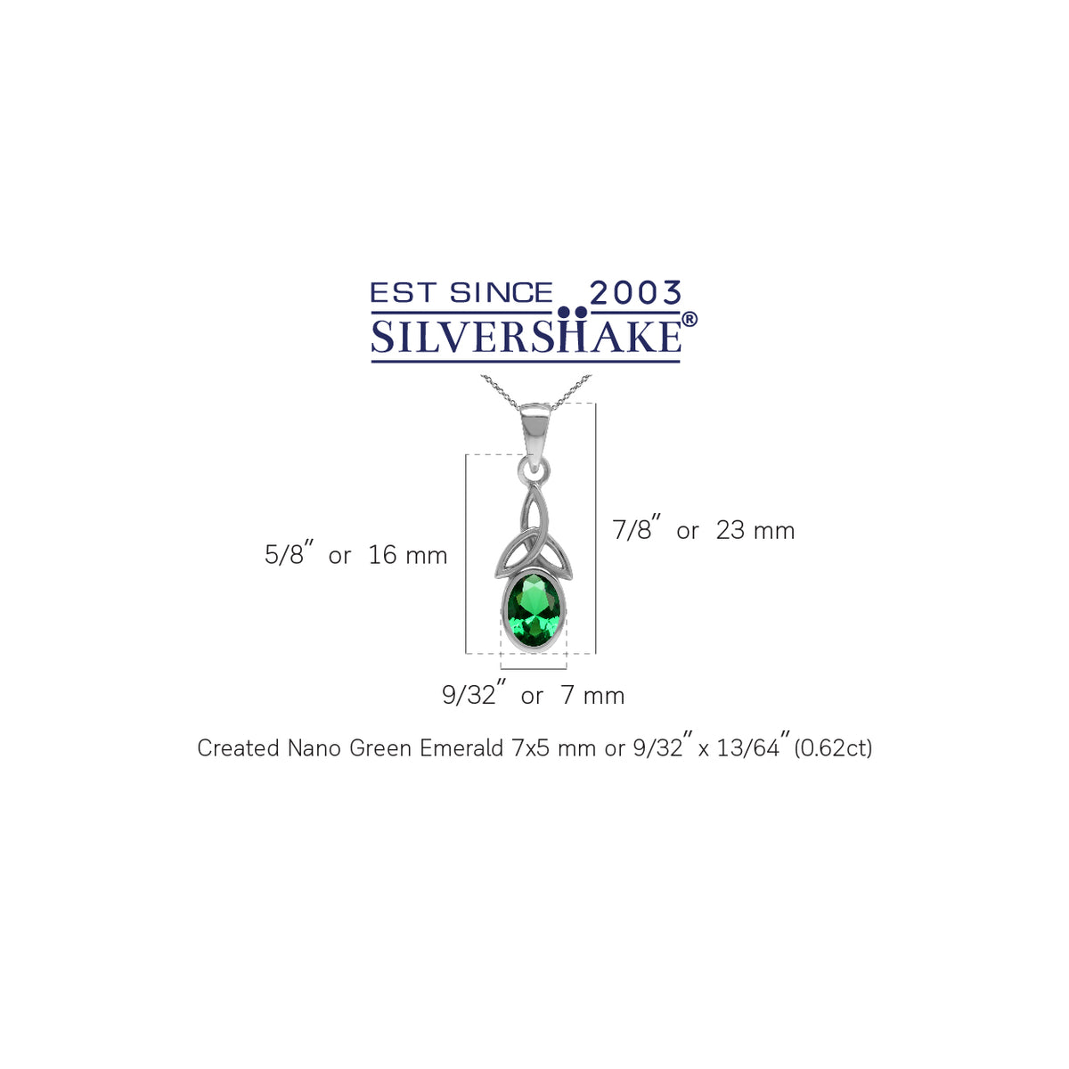 Created Nano Green Emerald 925 Sterling Silver Triquetra Celtic Knot Pendant with 18 Inch Chain silvershake