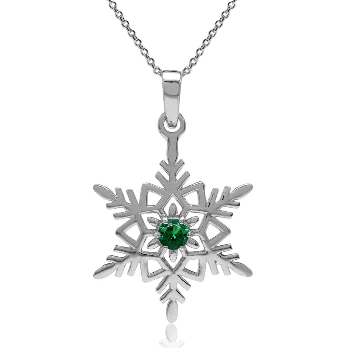 Nano Green Emerald CZ 925 Sterling Silver Snowflake Pendant 18 Inch Chain Necklace