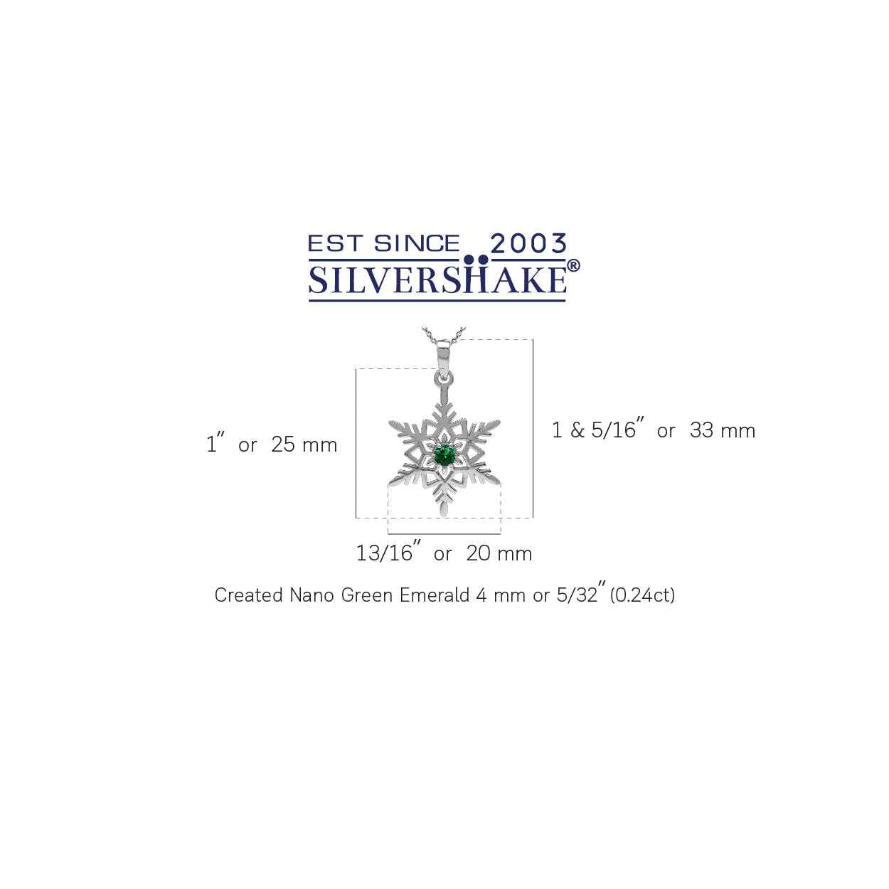 Nano Green Emerald CZ 925 Sterling Silver Snowflake Pendant 18 Inch Chain Necklace