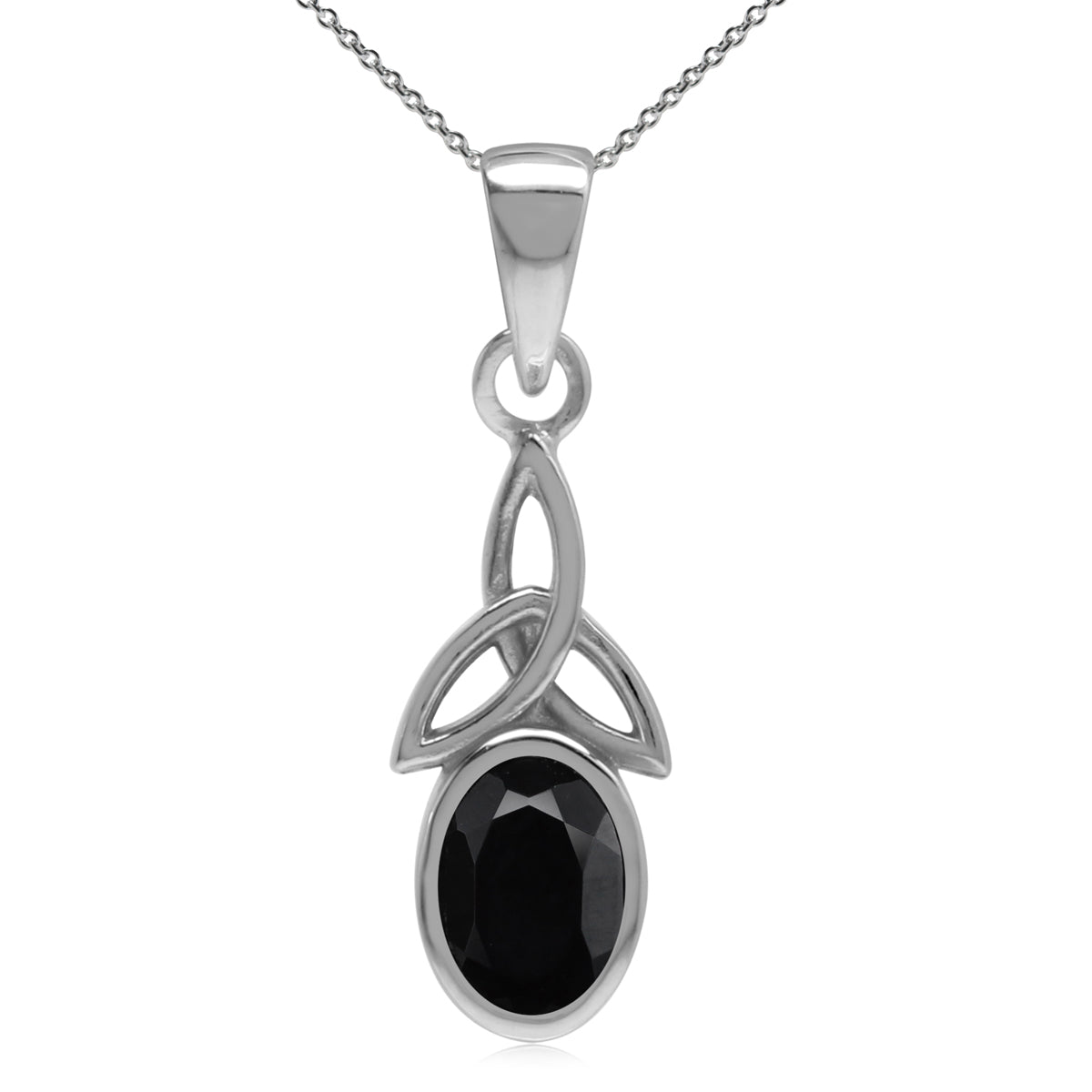 Natural Black Onyx 925 Sterling Silver Triquetra Celtic Knot Pendant with 18 Inch Chain Necklace silvershake