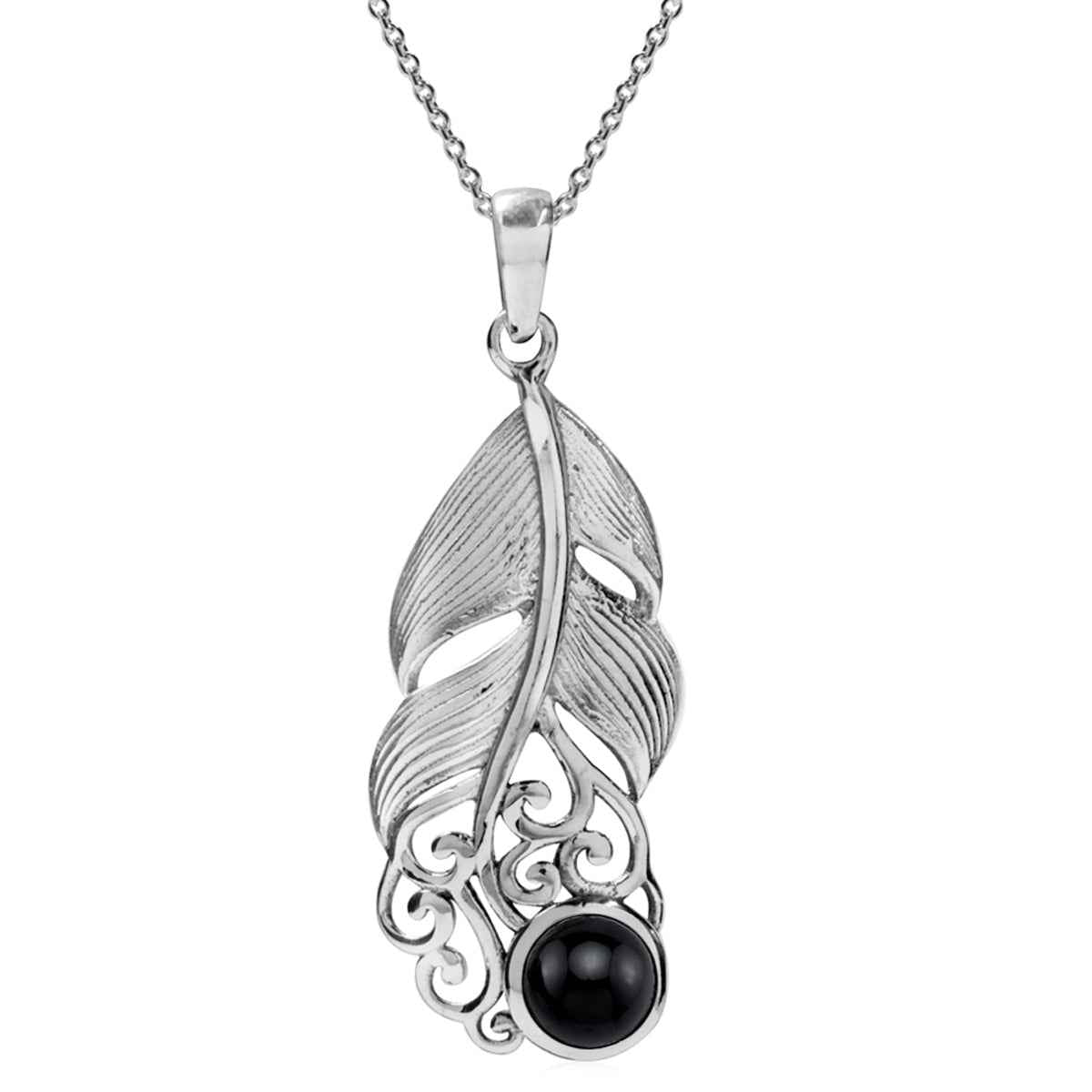 Natural 6MM Round Shape Black Onyx Cabochon Gemstones 925 Sterling Silver Feather Victorian Style Pendant with 18 Inch Chain Necklace