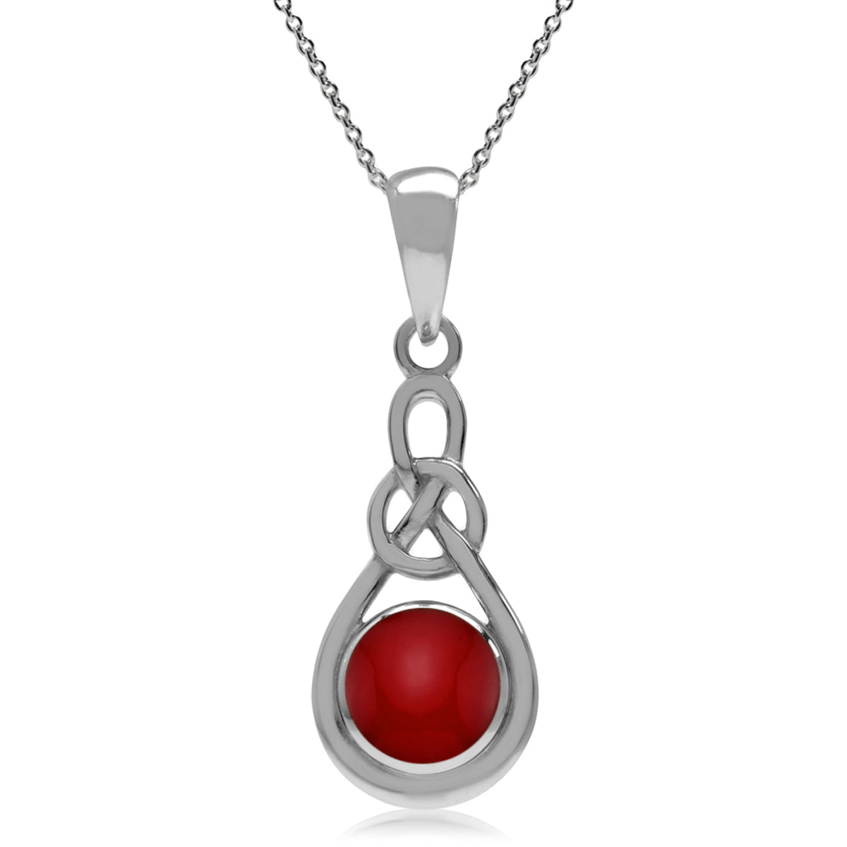 Created Red Coral 925 Sterling Silver Celtic Knot Solitaire Pendant with 18 Inch Chain Necklace silvershake