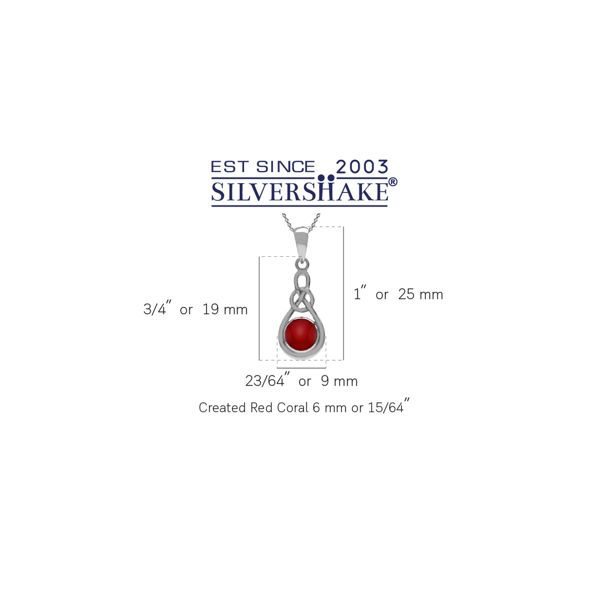 Created Red Coral 925 Sterling Silver Celtic Knot Solitaire Pendant with 18 Inch Chain Necklace silvershake