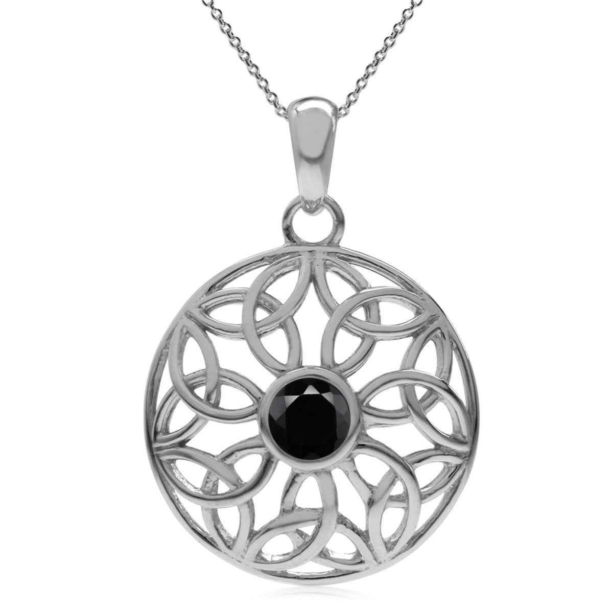 Natural Black Onyx 925 Sterling Silver Triquetra Celtic Knot Circle Pendant with 18 Inch Chain Necklace