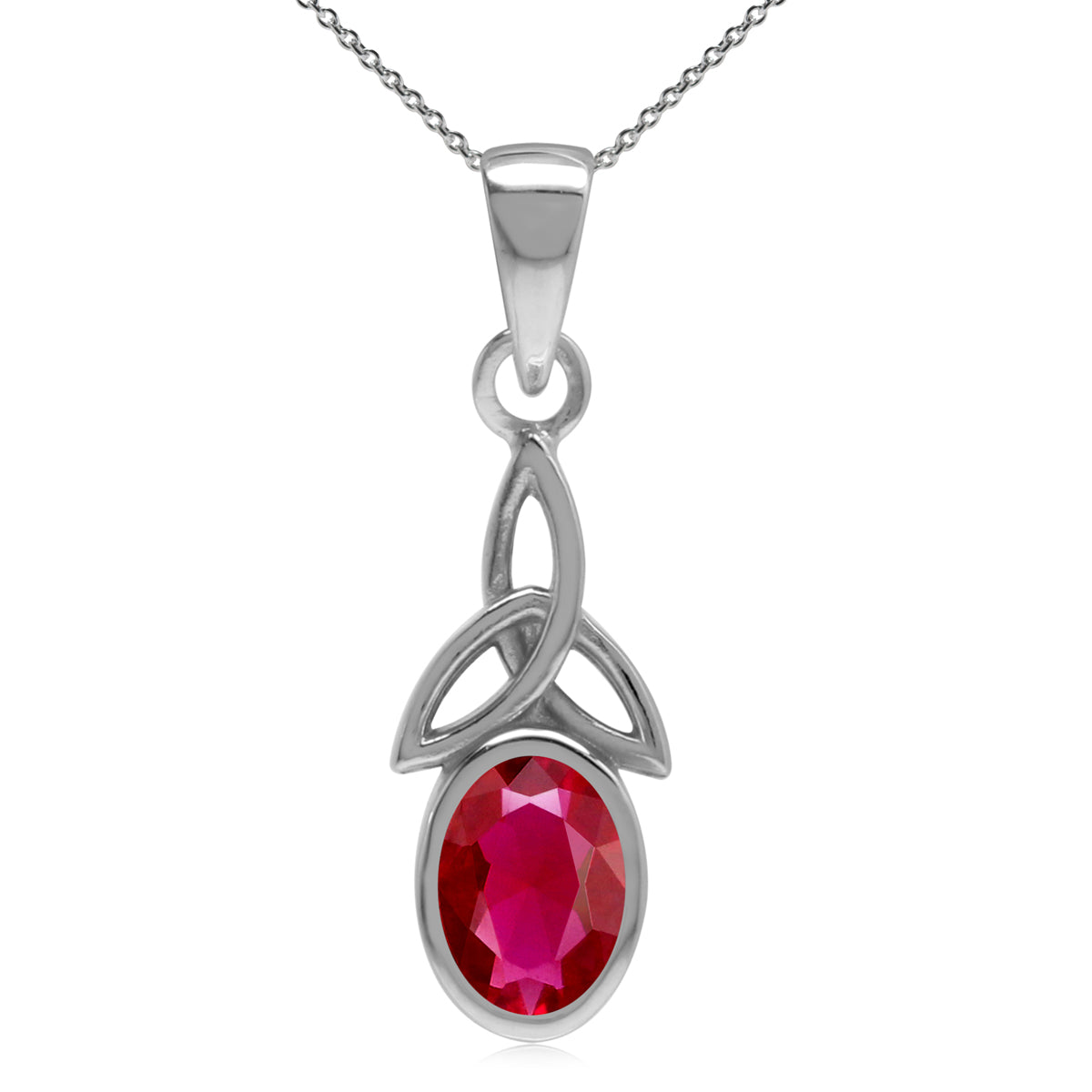 7X5mm Simulated Red Ruby 925 Sterling Silver Triquetra Celtic Knot Pendant with 18" Chain Necklace silvershake