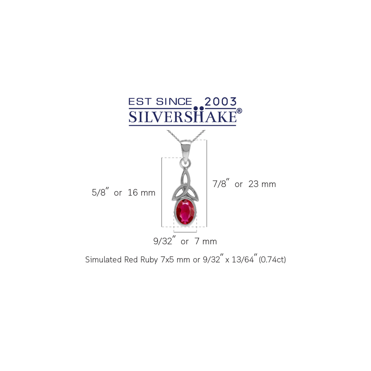 7X5mm Simulated Red Ruby 925 Sterling Silver Triquetra Celtic Knot Pendant with 18" Chain Necklace silvershake
