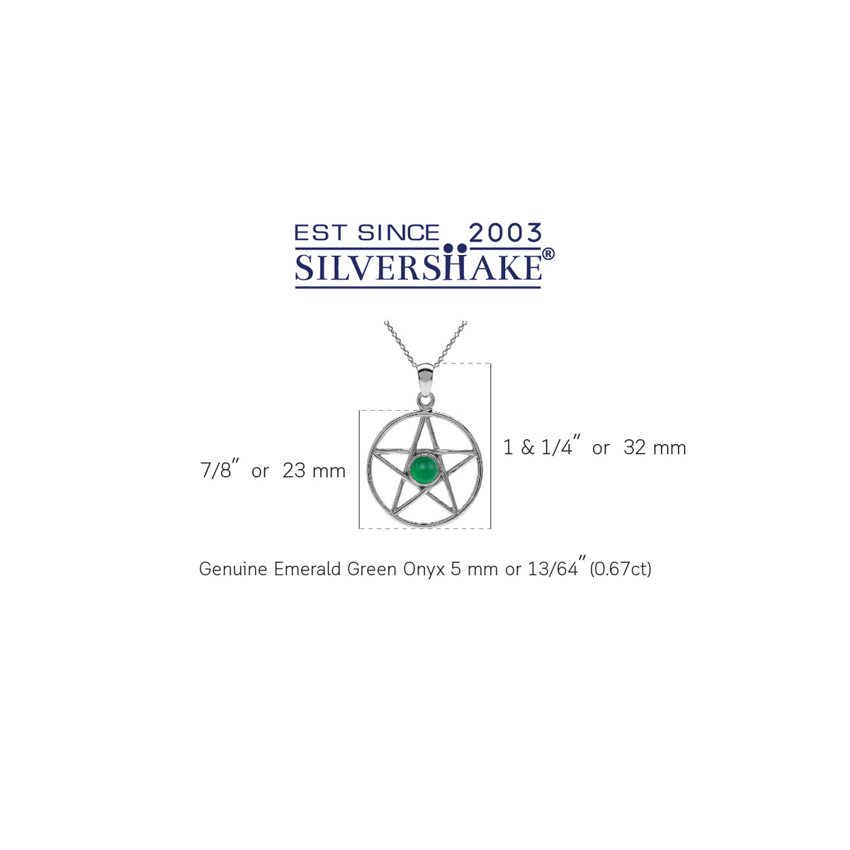 Genuine Emerald Green Onyx 925 Sterling Silver Pentagram Star Wiccan Pendant with 18 Inch Chain silvershake