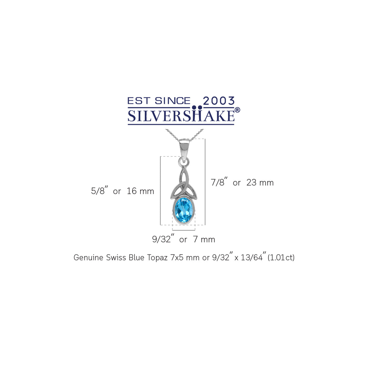 Swiss Blue Topaz 925 Sterling Silver Triquetra Celtic Knot Pendant with 18 Inch Chain Necklace silvershake