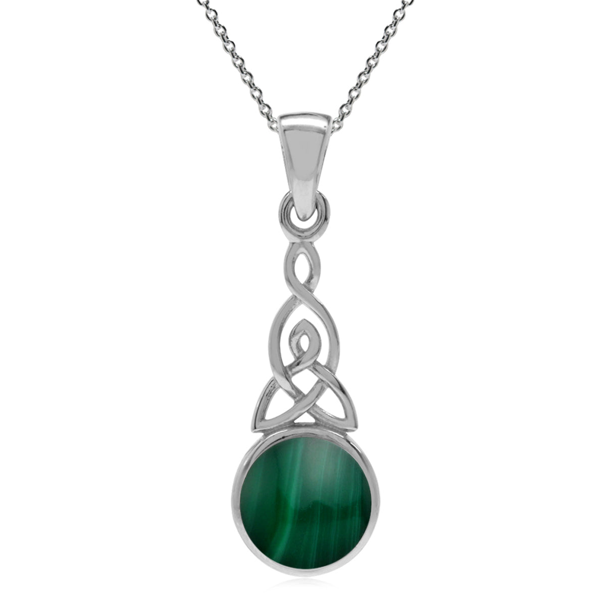 Created Malachite 925 Sterling Silver Triquetra Celtic Knot Pendant with 18 Inch Chain Necklace silvershake