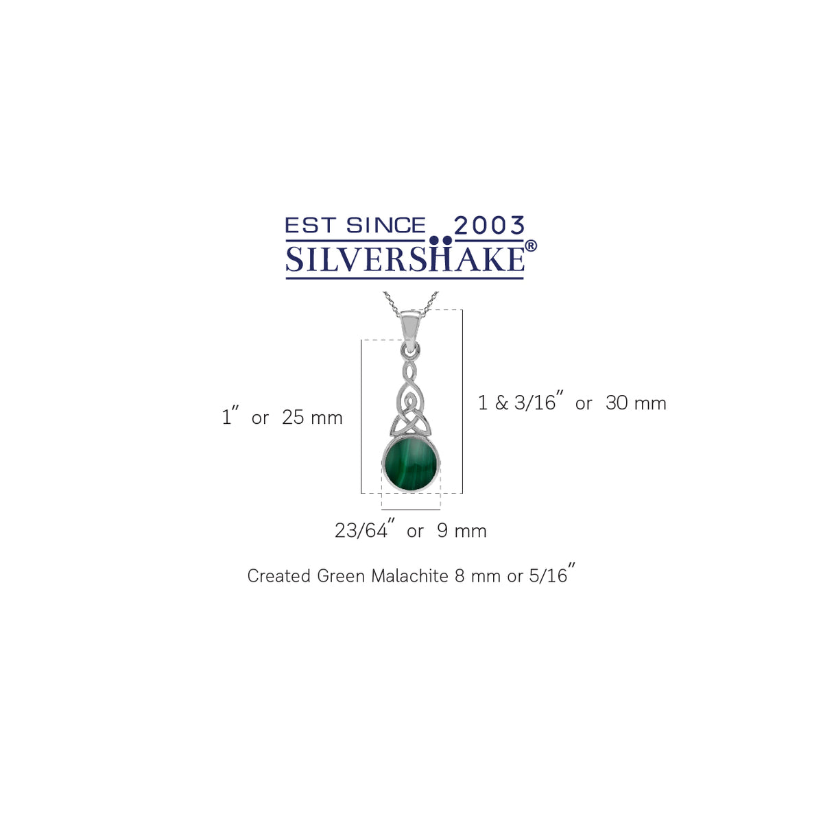 Created Malachite 925 Sterling Silver Triquetra Celtic Knot Pendant with 18 Inch Chain Necklace silvershake