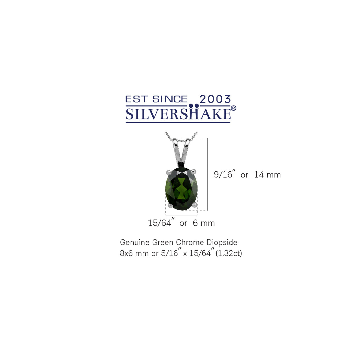 8x6mm Natural Chrome Diopside 925 Sterling Silver Solitaire Pendant w/ 18" Chain Necklace silvershake