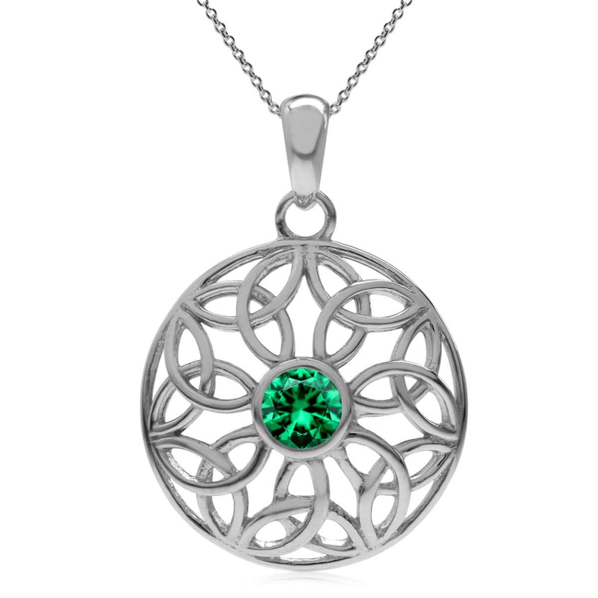 Created Nano Green Emerald 925 Sterling Silver Triquetra Celtic Knot Circle Pendant with 18 Inch Chain Necklace May Gemstone Birthstone