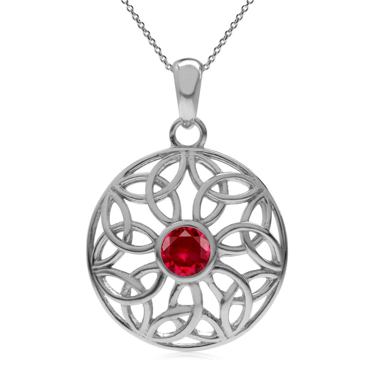 Simulated Red Ruby 925 Sterling Silver Triquetra Celtic Knot Circle Pendant with 18 Inch Chain Necklace July Gemstone Birthstone