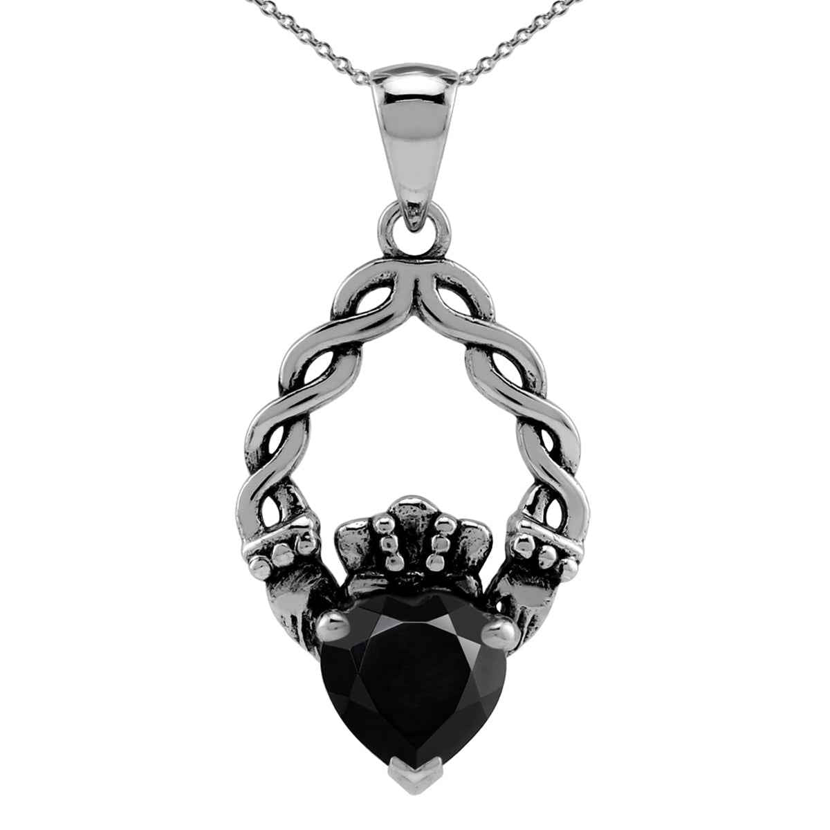 1 CTW 7MM Natural Heart Shape Black Onyx 925 Sterling Silver Claddagh Gemstone Pendant with 18 Inch Chain Necklace