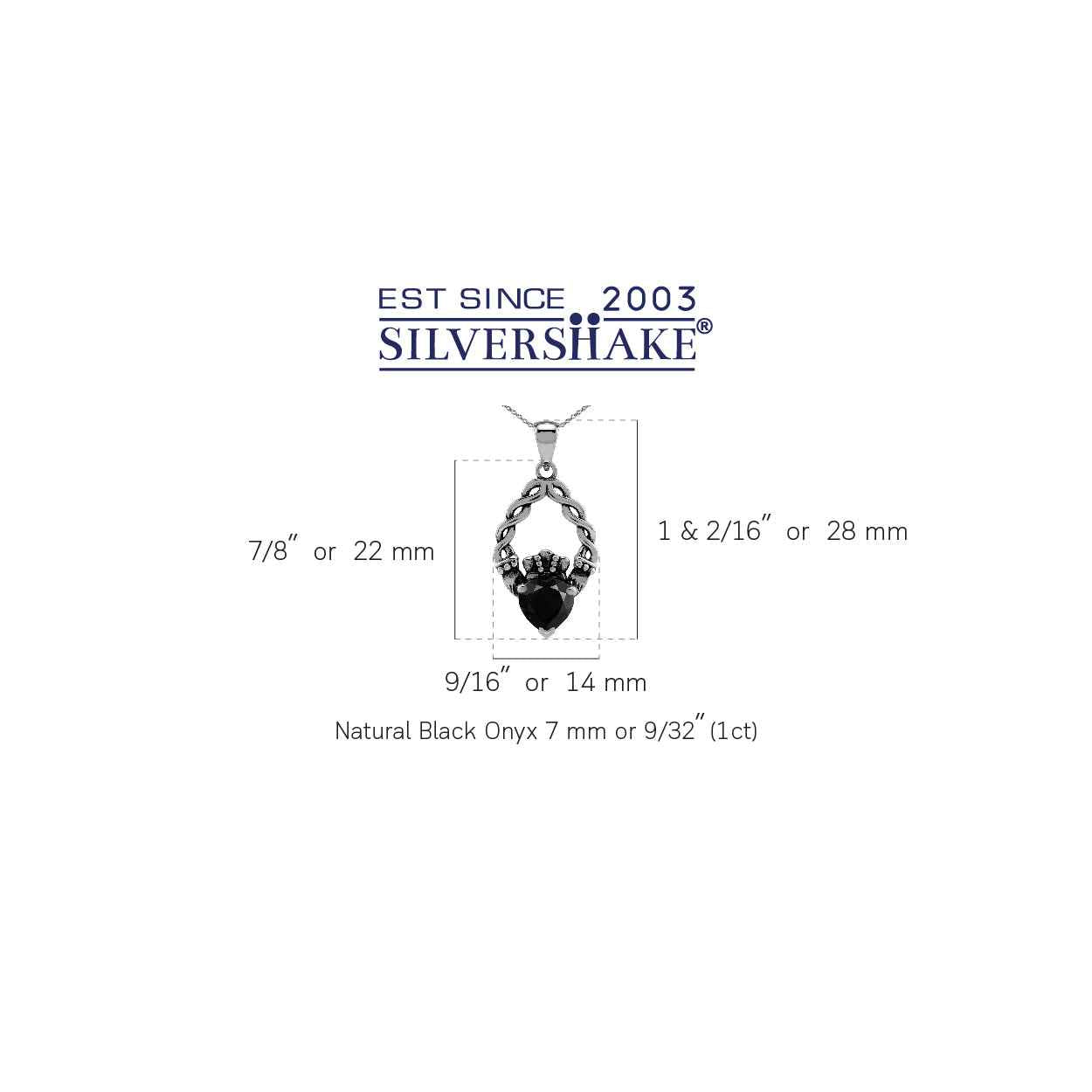 1 CTW 7MM Natural Heart Shape Black Onyx 925 Sterling Silver Claddagh Gemstone Pendant with 18 Inch Chain Necklace